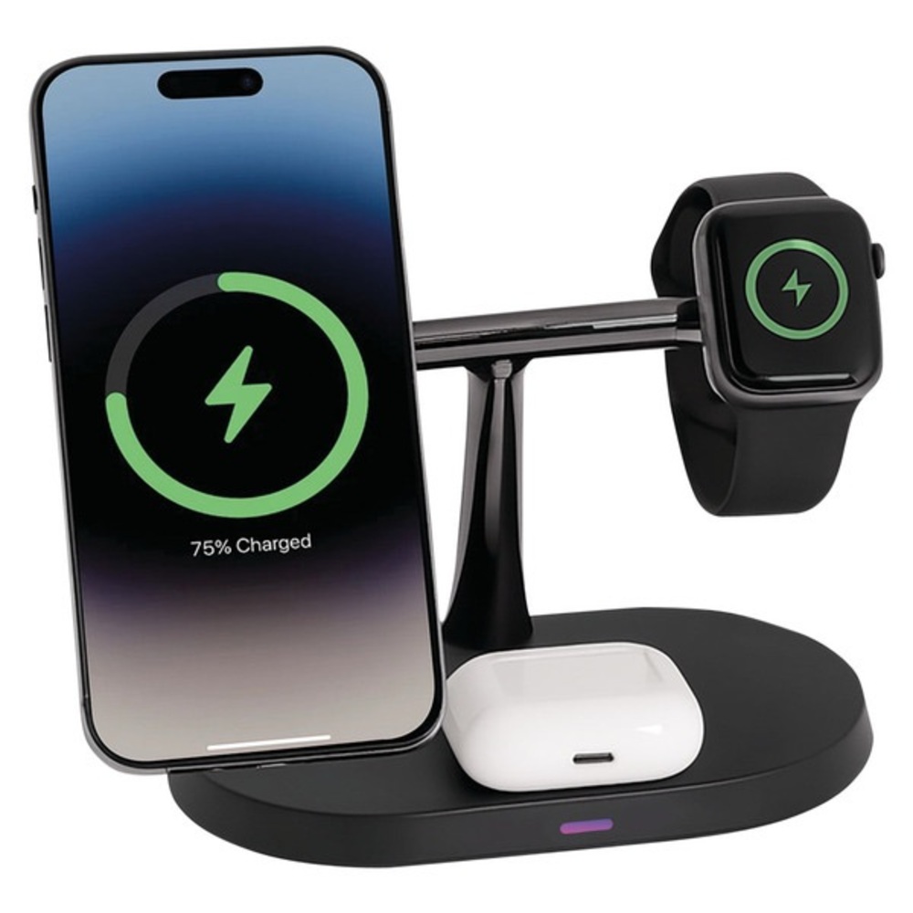 Black Wireless Charging Station for Phone, Watch, and Earbuds